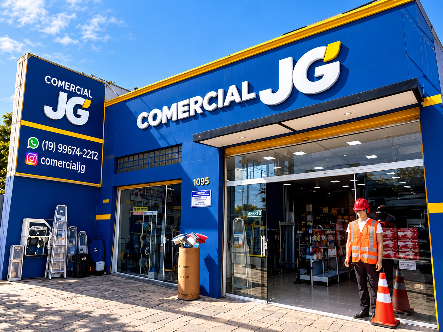 Fachada da Comercial JG, baseada na fotografia fornecida da unidade de Hortolândia, com identidade visual atualizada