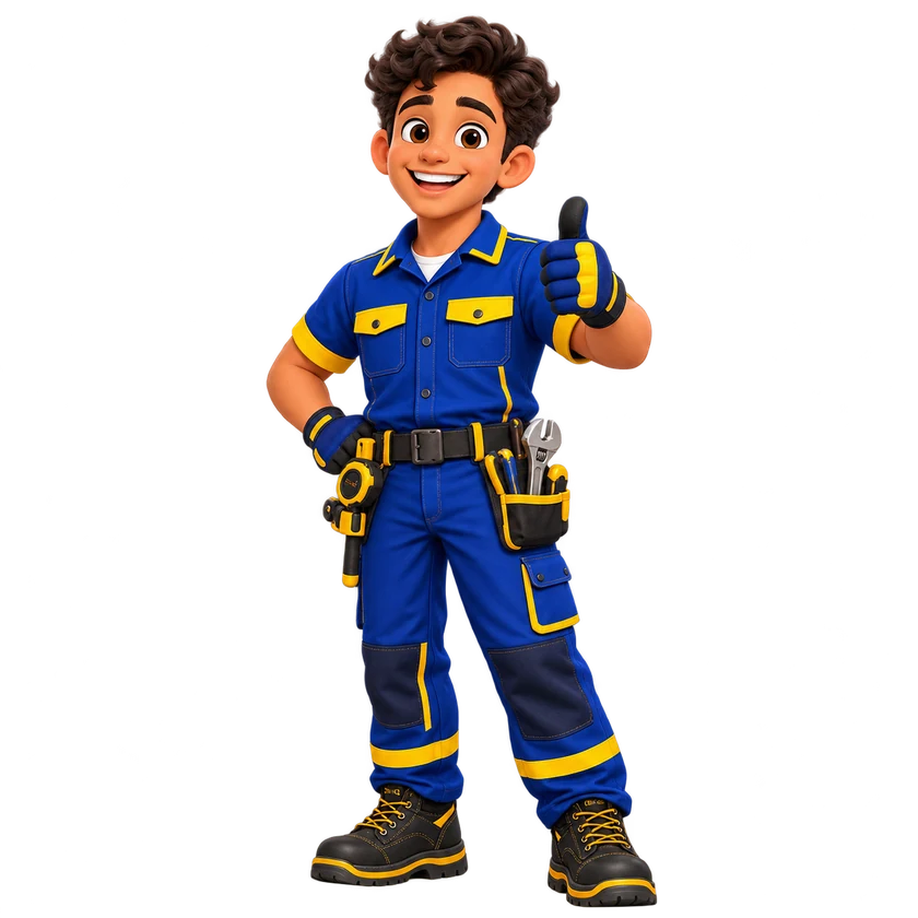 Jotinha, mascote ilustrado da Comercial JG, com uniforme azul e amarelo